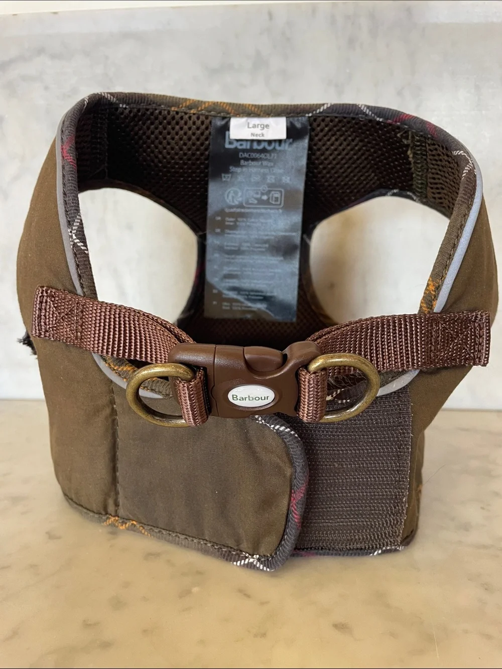 BARBOUR England Olive and Brown Dog Wax Step In Harness with Plaid Trim Large